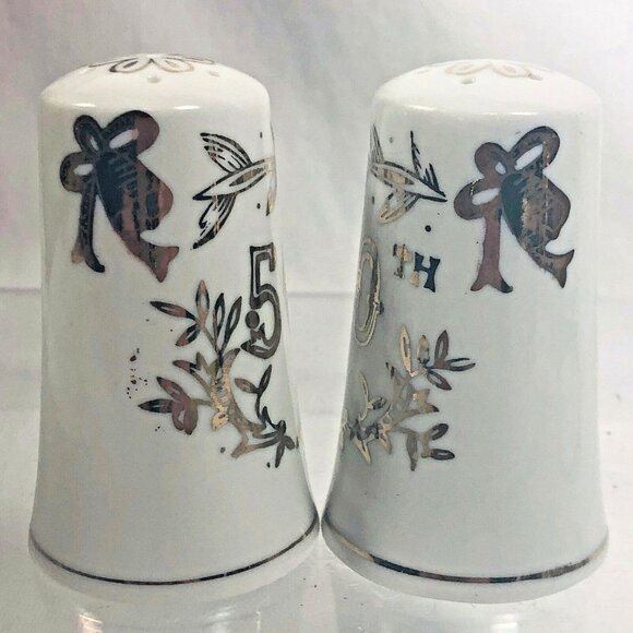 Vintage Lefton 50th Anniversary Salt and Pepper Shaker Set White Gold Trim 1955 - Picture 10 of 11